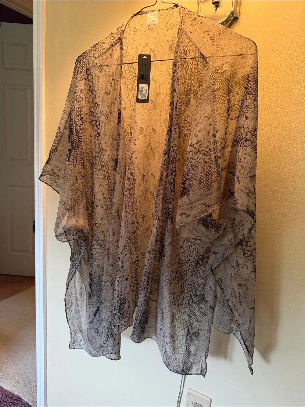Sheer Snake-Print Kimono Cover in Beige and Black - Unbranded